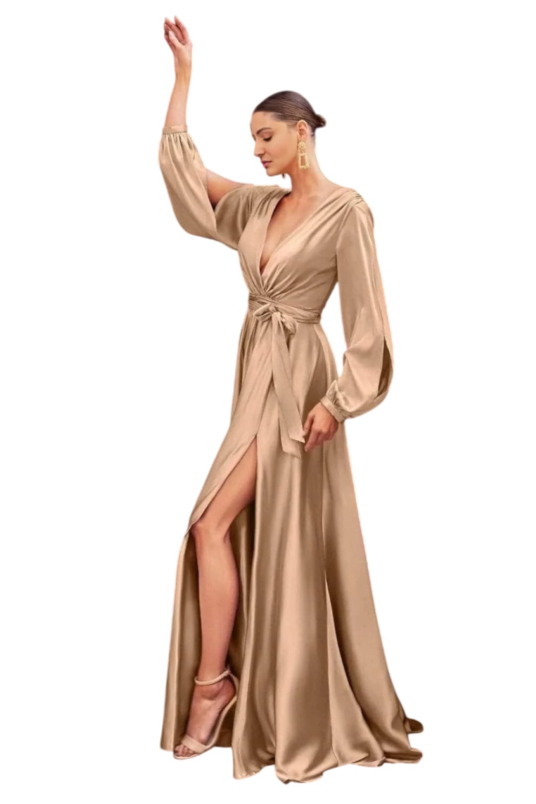 Ladivine 7475C - V-Neck High Slit Evening Dress - Nude / 16 - Prom