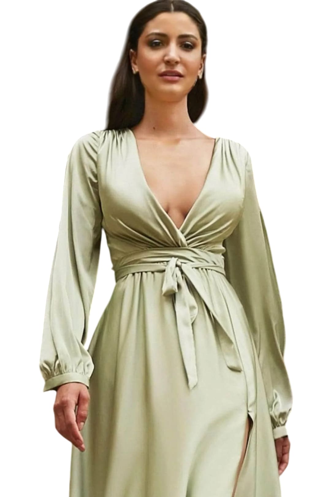 Ladivine 7475C - V-Neck High Slit Evening Dress - Sage / 16 - Prom