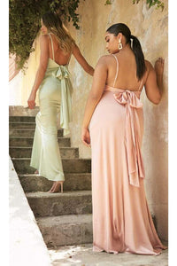 Ladivine 7487 - Satin Gown with Tie Open Back Design - Prom