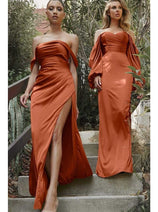 Ladivine 7488 - Satin Off-Shoulder Draped Gown