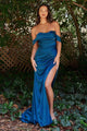 Ladivine 7488 - Satin Off-Shoulder Draped Gown - Prom