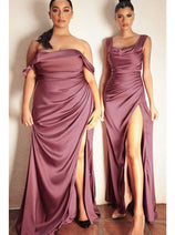 Ladivine 7488 - Satin Off-Shoulder Draped Gown