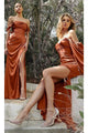 Ladivine 7488 - Satin Off-Shoulder Draped Gown - Prom