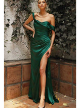Ladivine 7488 - Satin Off-Shoulder Draped Gown