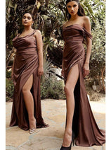 Ladivine 7488 - Satin Off-Shoulder Draped Gown