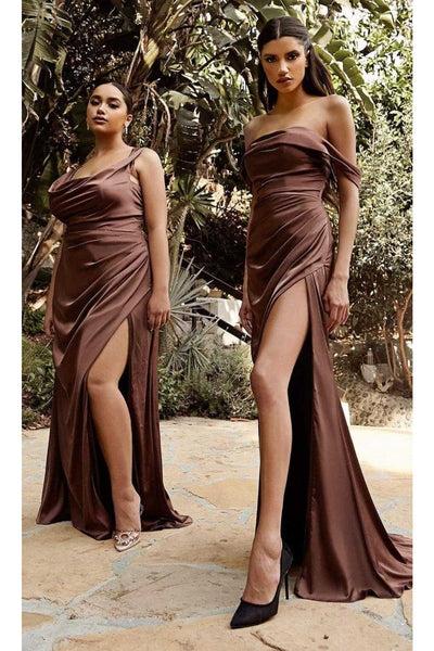 Ladivine 7488 - Satin Off-Shoulder Draped Gown - Prom