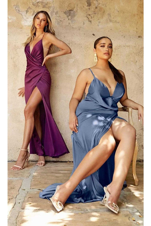 Ladivine 7489C - Satin Deep V-Neck Formal Dress - Prom