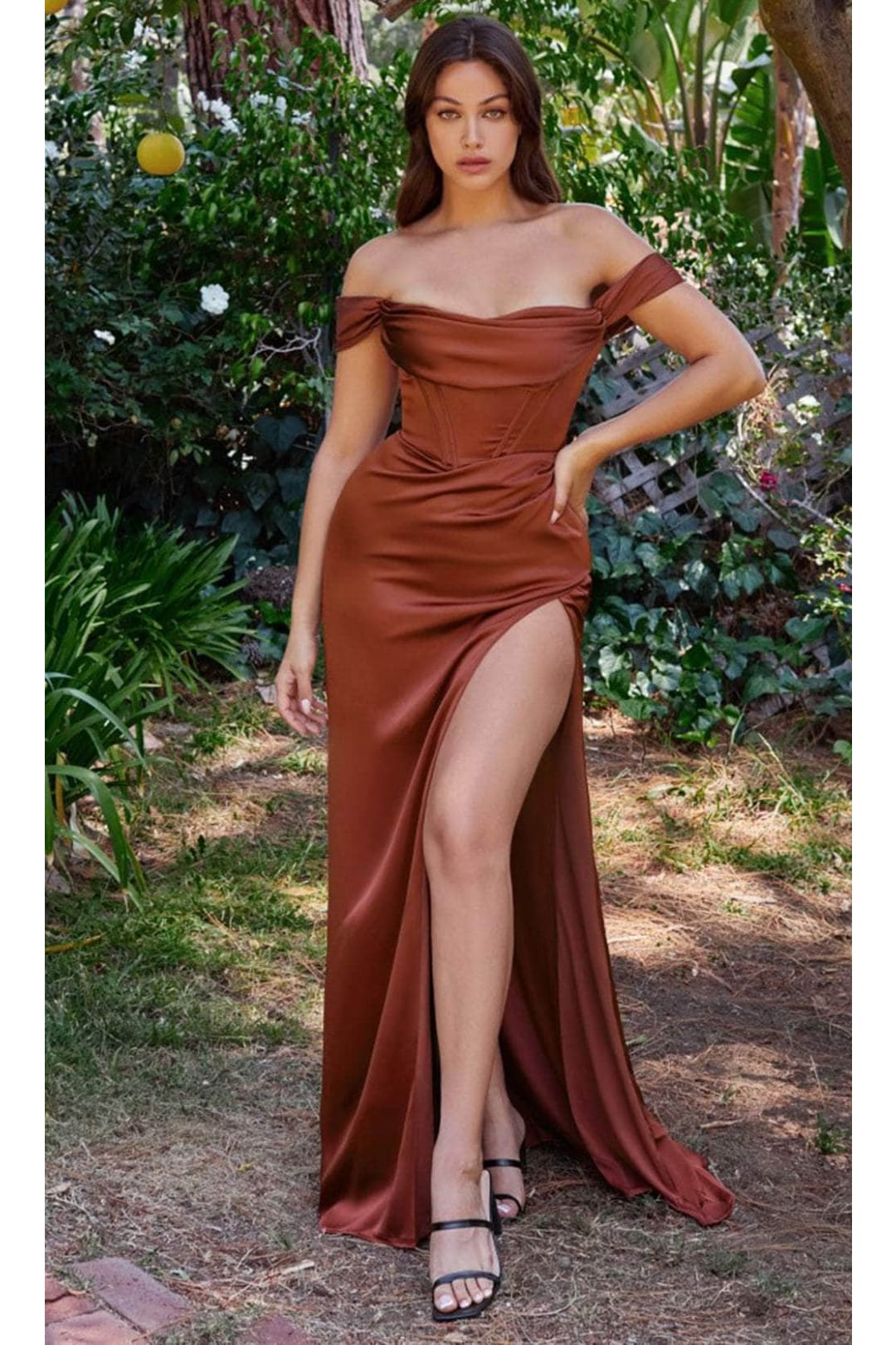 Ladivine 7492 – Satin Gown with Cowl Neck & Slit - Prom