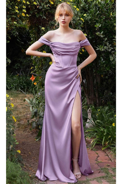 Ladivine 7492 – Satin Gown with Cowl Neck & Slit - Prom