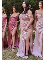 Ladivine 7492 – Satin Gown with Cowl Neck & Slit