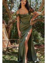 Ladivine 7492 – Satin Gown with Cowl Neck & Slit