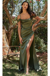 Ladivine 7492 – Satin Gown with Cowl Neck & Slit - Prom