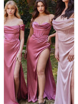 Ladivine 7492 – Satin Gown with Cowl Neck & Slit