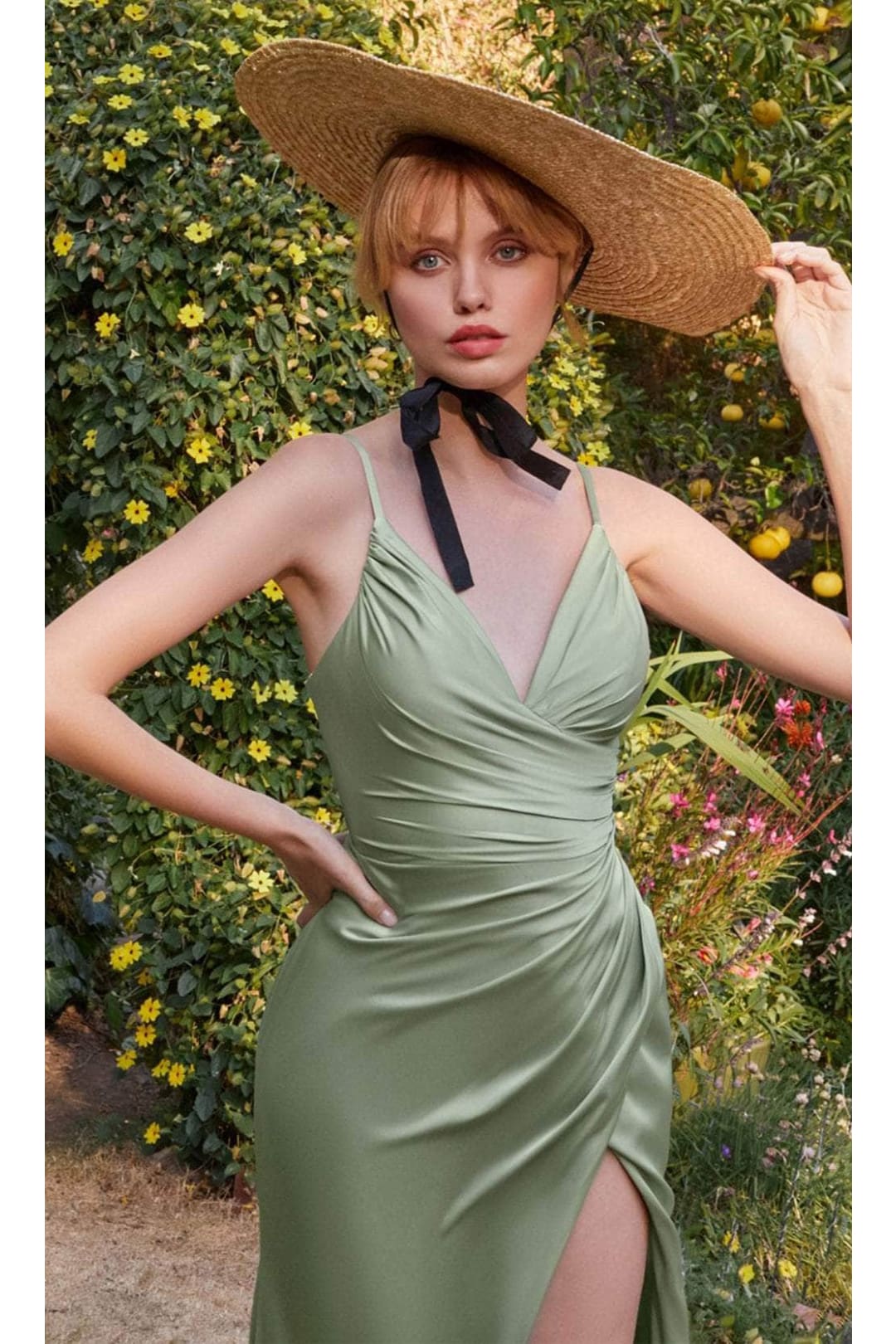 Ladivine 7494C - High Slit V-Neck Evening Gown - Prom