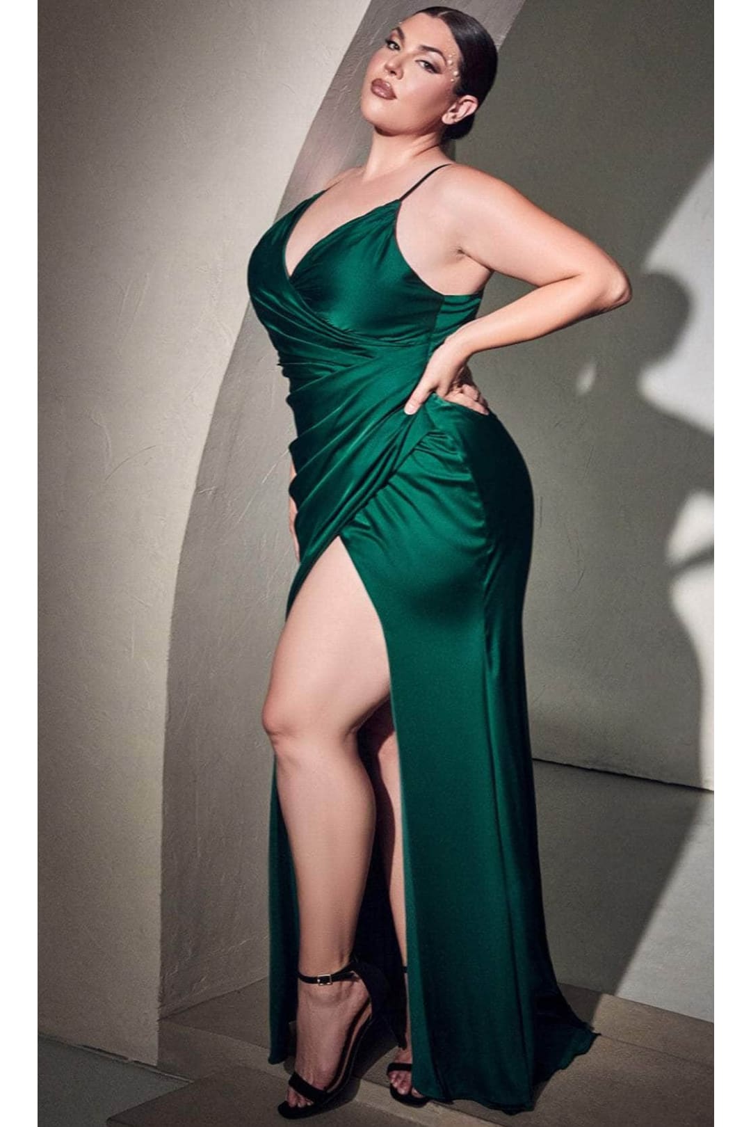 Ladivine 7494C - High Slit V-Neck Evening Gown - Prom