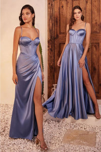 Ladivine 7495 Fitted Bustier Corset Bodice High Slit Satin Prom Gown - Dress