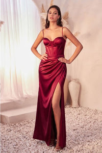 Ladivine 7495 Fitted Bustier Corset Bodice High Slit Satin Prom Gown - BURGUNDY / 2 Dress