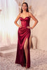 Ladivine 7495 Fitted Bustier Corset Bodice High Slit Satin Prom Gown - BURGUNDY / 2 Dress