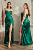 Ladivine 7495 Fitted Bustier Corset Bodice High Slit Satin Prom Gown - EMERALD / 2 Dress