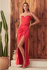 Ladivine 7495 Fitted Bustier Corset Bodice High Slit Satin Prom Gown - RED / 2 Dress
