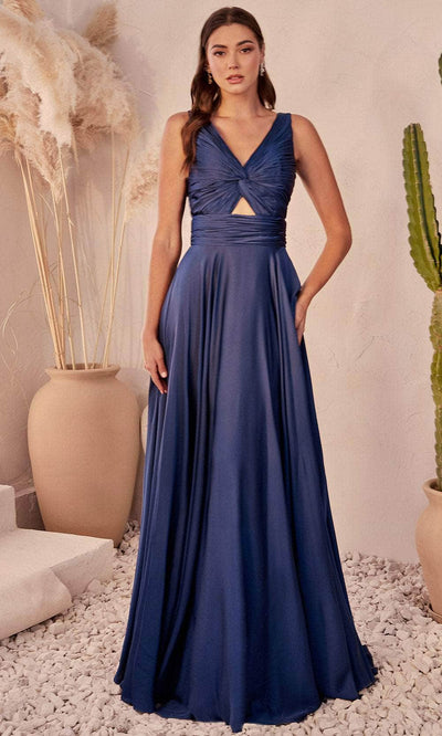 Ladivine 7497 - Ruched V-Neck Knotted Prom Gown - Prom