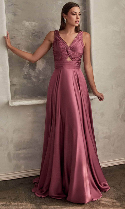 Ladivine 7497 - Ruched V-Neck Knotted Prom Gown - Prom