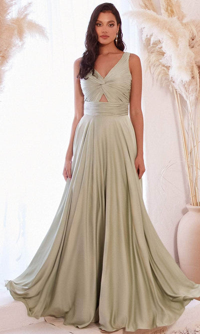 Ladivine 7497 - Ruched V-Neck Knotted Prom Gown - Prom