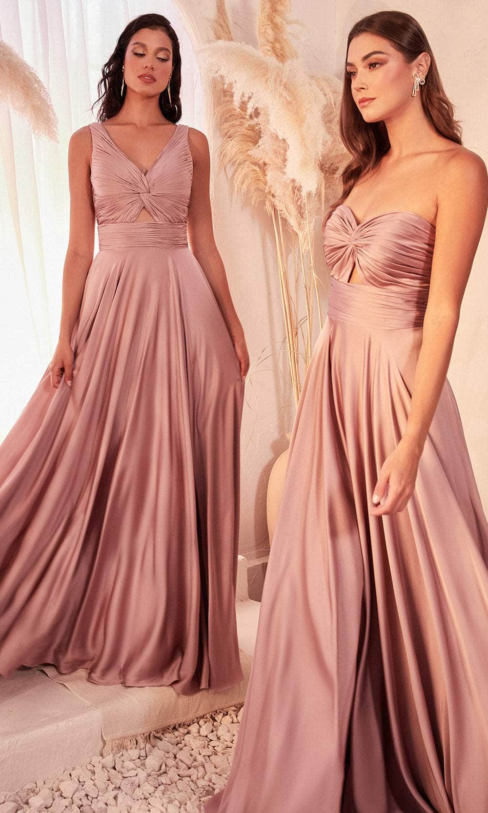 Ladivine 7497 - Ruched V-Neck Knotted Prom Gown - Prom