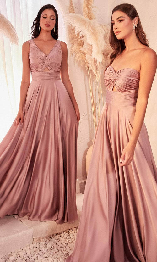 Ladivine 7497 - Ruched V-Neck Knotted Prom Gown - Prom