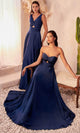 Ladivine 7497 - Ruched V-Neck Knotted Prom Gown - Prom