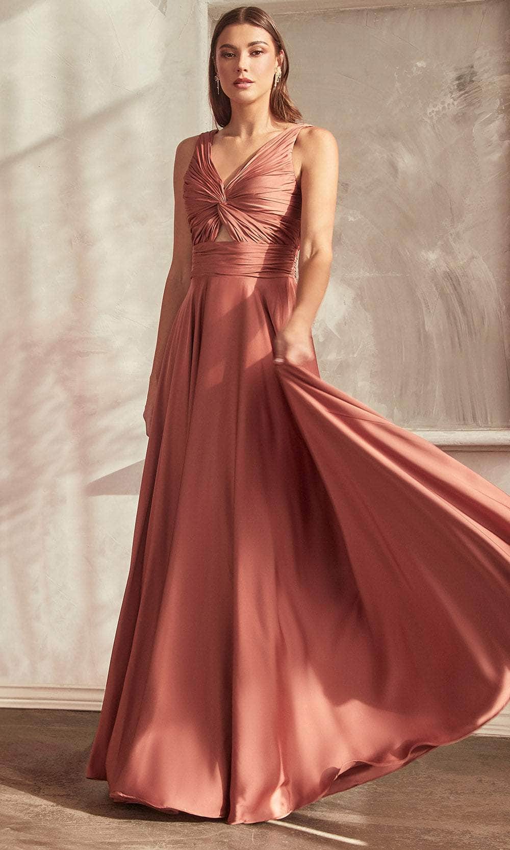 Ladivine 7497 - Ruched V-Neck Knotted Prom Gown - Prom