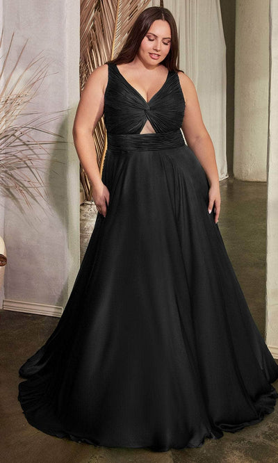 Ladivine 7497 - Ruched V-Neck Knotted Prom Gown - Prom