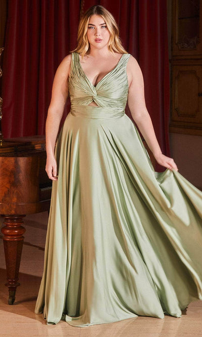 Ladivine 7497 - Ruched V-Neck Knotted Prom Gown - Prom