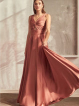 Ladivine 7497 Twisted Keyhole Bodice A-Line Satin Evening Gown