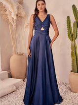 Ladivine 7497 Twisted Keyhole Bodice A-Line Satin Evening Gown