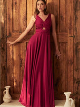 Ladivine 7497 Twisted Keyhole Bodice A-Line Satin Evening Gown