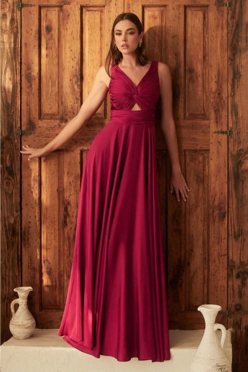 Ladivine 7497 Twisted Keyhole Bodice A-Line Satin Evening Gown - Dress