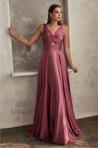 Ladivine 7497 Twisted Keyhole Bodice A-Line Satin Evening Gown - Dress