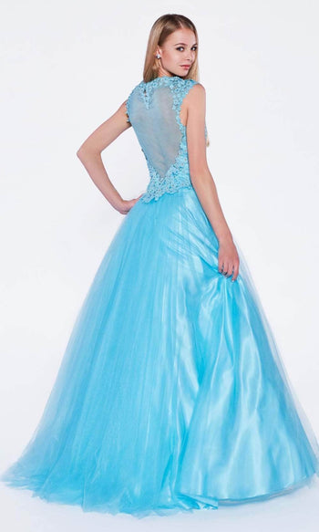Ladivine 7635 - Ornate Lace Illusion A-Line Long Dress - Prom