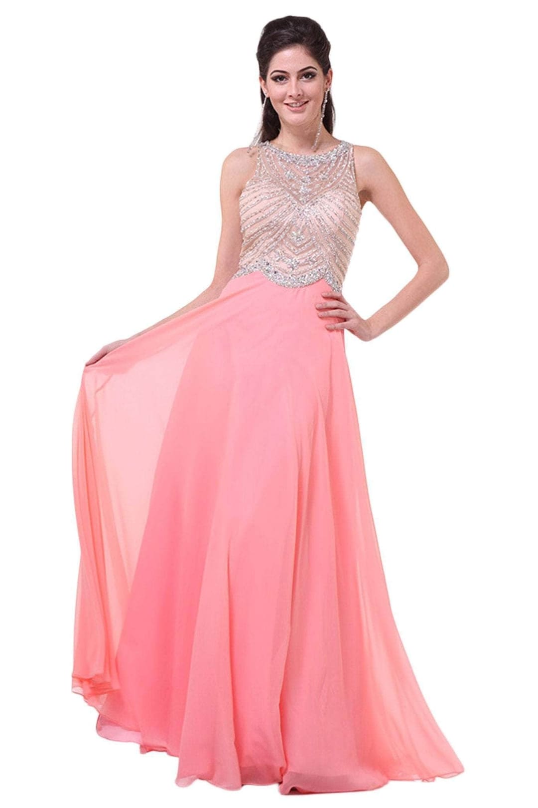 Ladivine 8733 - Crystal Adorned A-Line Evening Gown - Prom