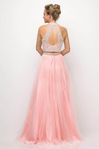 Ladivine 8994 Illusion Halter Beaded A Line Gown - Prom