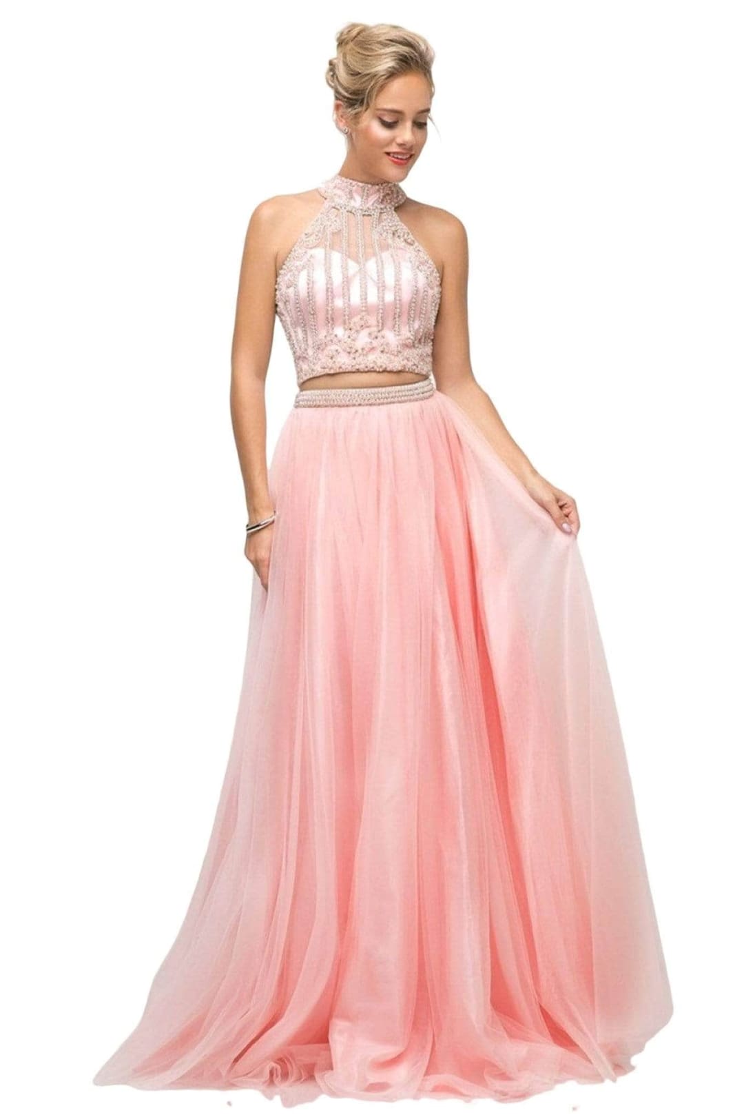 Ladivine 8994 Illusion Halter Beaded A Line Gown - Prom