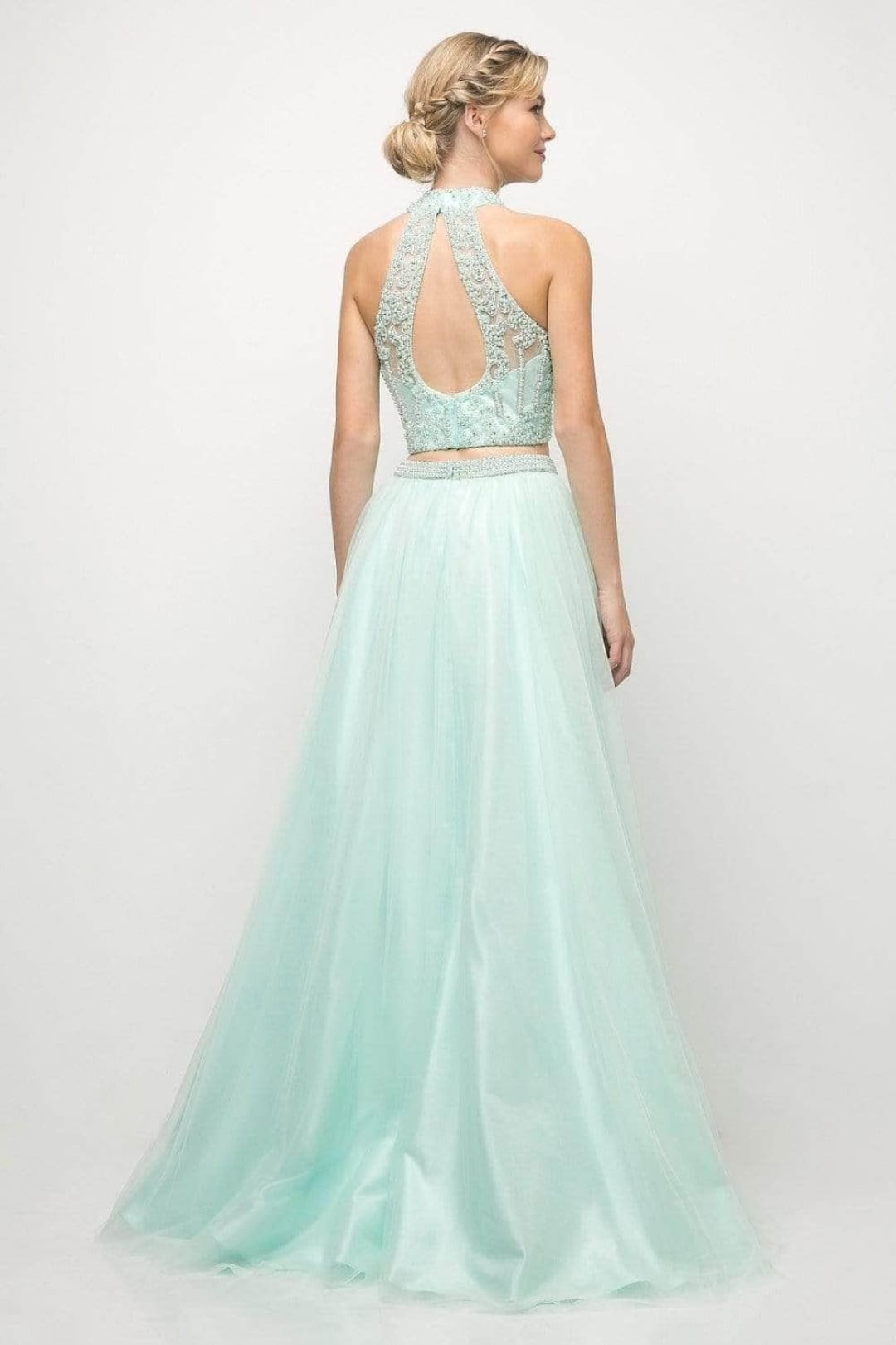 Ladivine 8994 Illusion Halter Beaded A Line Gown - Prom