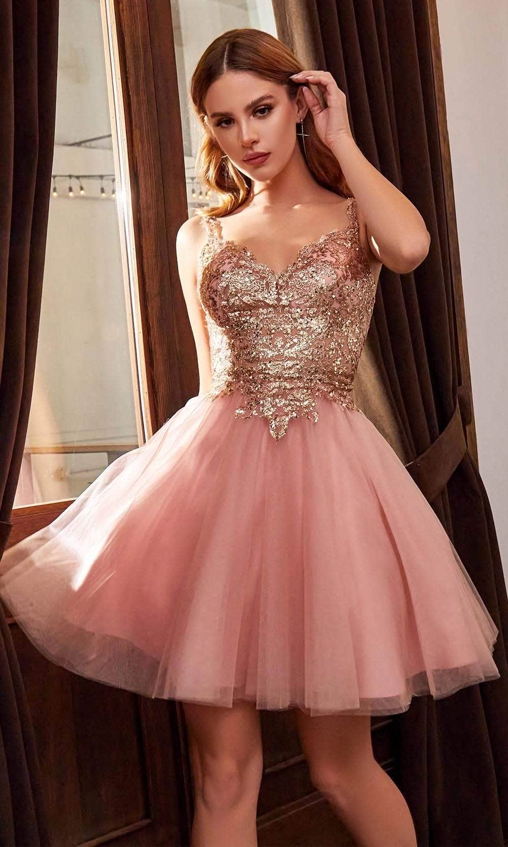 Ladivine 9239 - Adorned V-Neck A-Line Cocktail Dress - Mauve / XS - Prom