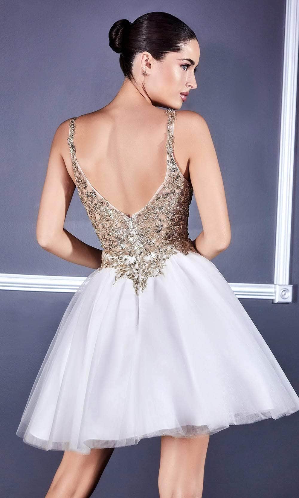 Ladivine 9239 - Adorned V-Neck A-Line Cocktail Dress - Off White-Gold / XS - Prom