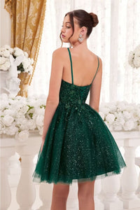 Cinderella Divine-9245 Glitter Floral Applique A-line Tulle Cocktail Dress - Dress