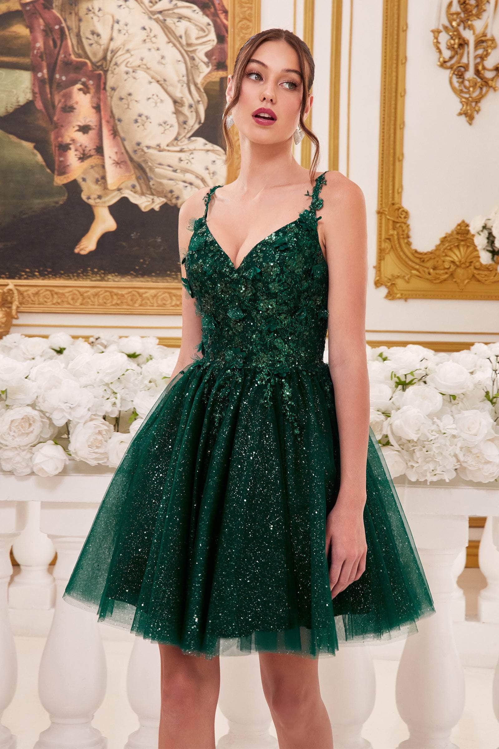 Ladivine 9245 - Glitter A-Line Cocktail Gown - Emerald / S - Prom