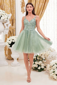 Ladivine 9245 Glitter Floral Applique A-line Tulle Cocktail Dress - SAGE / XS - Dress