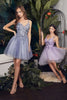 Ladivine 9245 Glitter Floral Applique A-line Tulle Cocktail Dress - SMOKY BLUE / XS - Dress