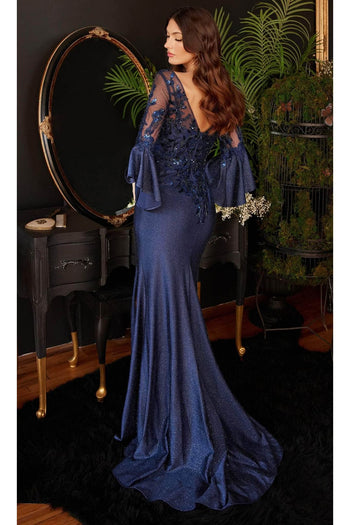 Ladivine 9247 – Glittered Evening Gown with Flutter Sleeves - Prom
